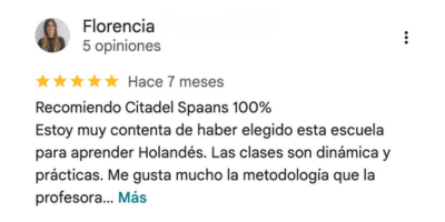 Reseña de Florencia Radicic Garbin, 5 estrellas: recomienda la escuela y sus clases dinámicas y prácticas de holandés.
