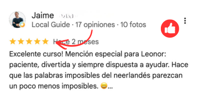 Reseña de Jaime, 5 estrellas: destaca la paciencia de Leonor y su disposición para ayudar con el neerlandés.